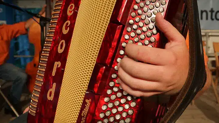 Nahaufnahme einer Person, die ein rotes Akkordeon spielt, wobei der Schwerpunkt auf der rechten Hand liegt, die die Tasten des Instruments drückt.