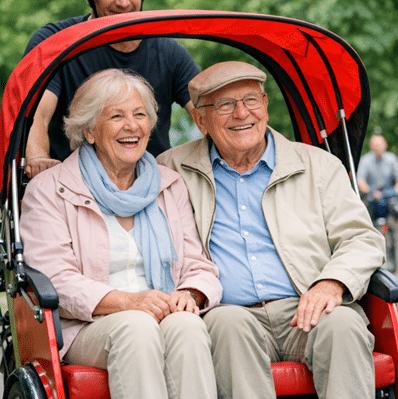 Zwei lächelnde Senioren sitzen zusammen in einem rikschaähnlichen Fahrradwagen im Freien, mit einer Person, die hinter ihnen steht, und Bäumen im Hintergrund.