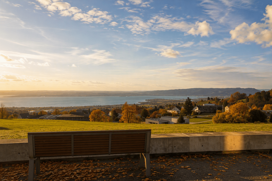 Von einer Holzbank aus hat man einen Ausblick auf eine malerische Landschaft mit Wiesen, vereinzelten Gebäuden, Bäumen in Herbstfarben und einem großen Gewässer unter einem teilweise bewölkten Himmel bei Sonnenuntergang.
