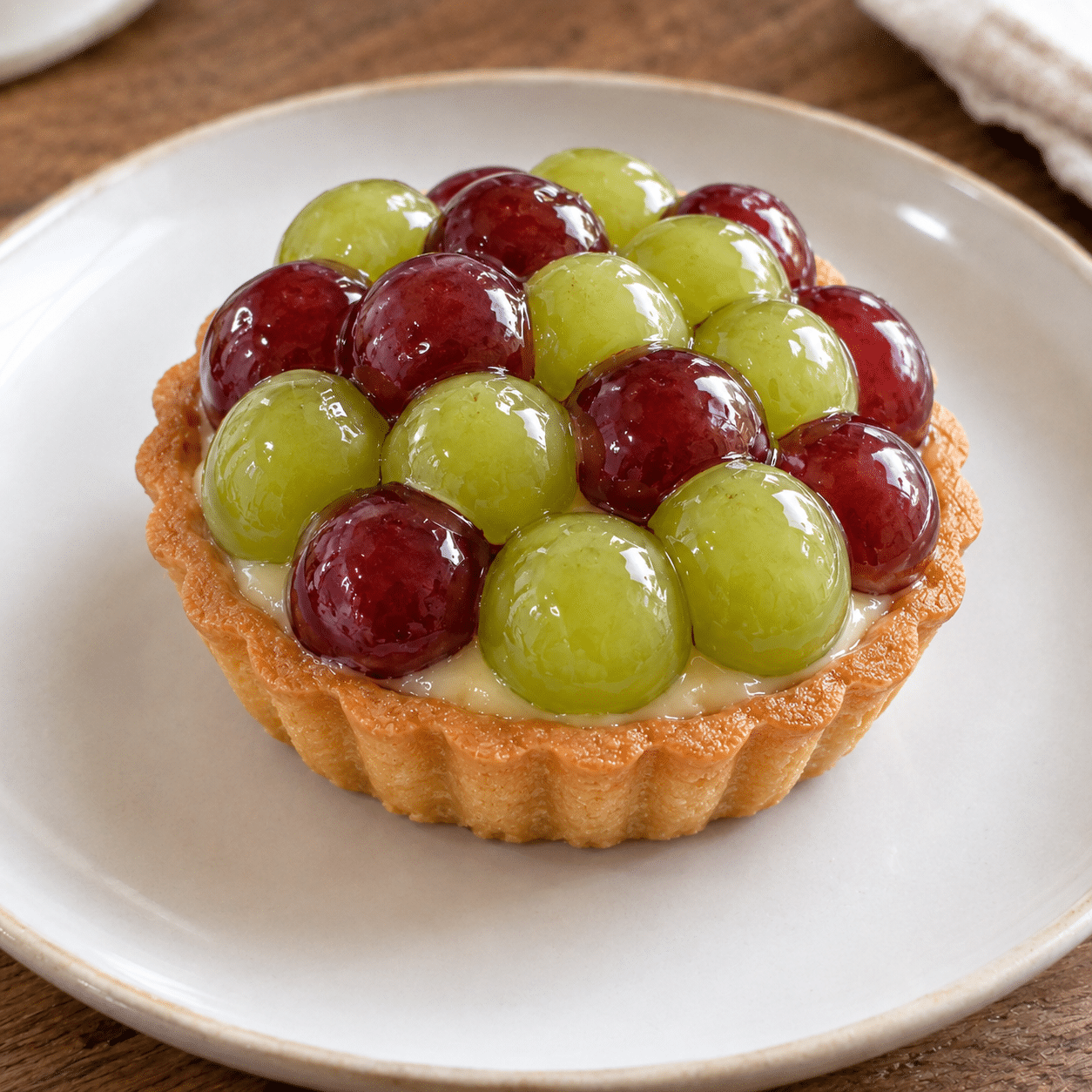Eine Tarte mit goldbrauner Kruste, gefüllt mit Sahne und garniert mit glänzenden roten und grünen Trauben, serviert auf einem weißen Teller.