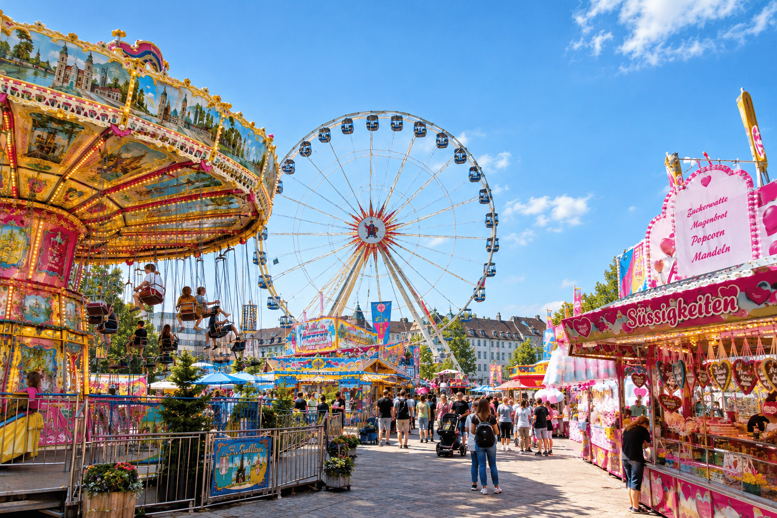 Ein Jahrmarkt mit einem Karussell, einem großen Riesenrad und einem Süßigkeitenstand unter blauem Himmel.