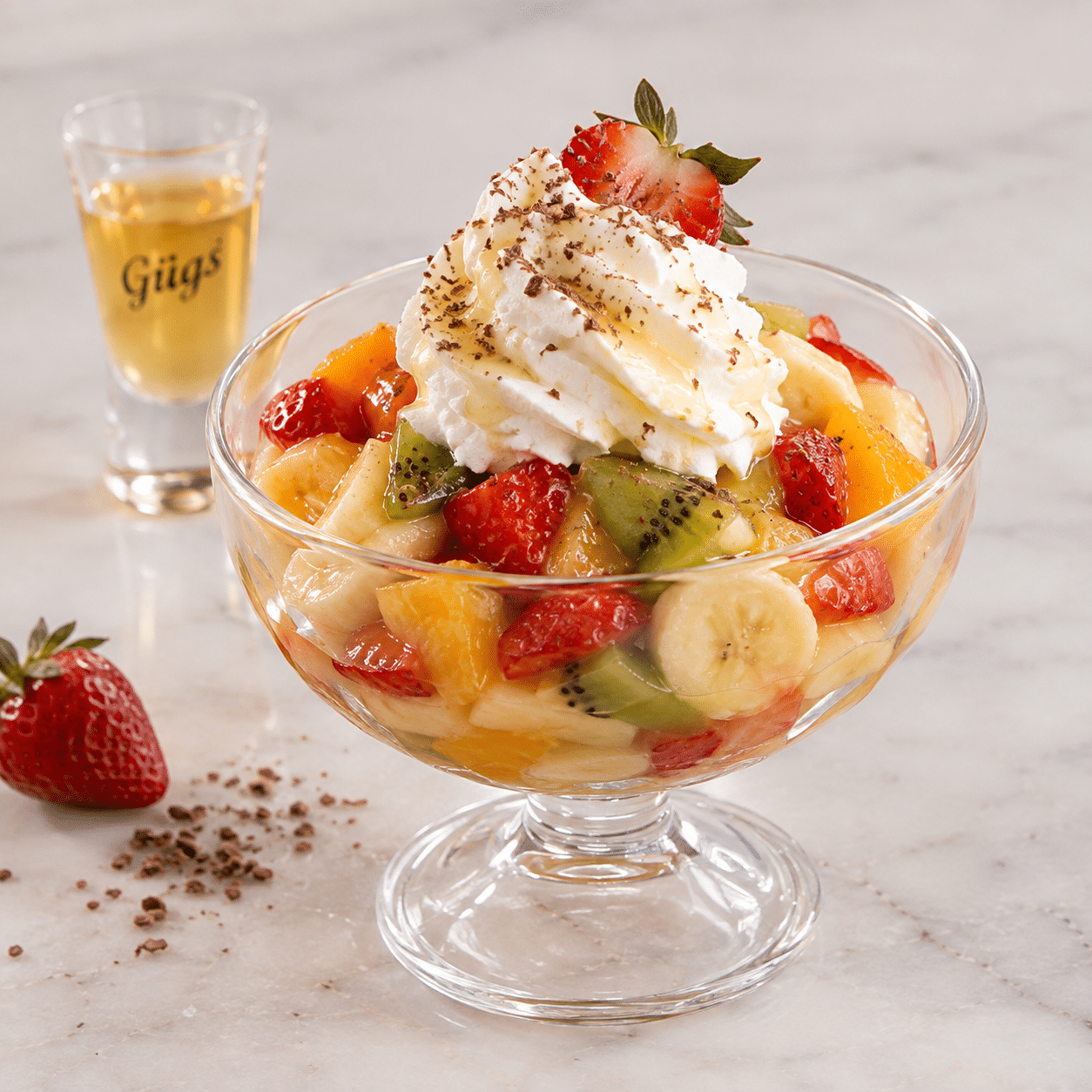 Eine Glasschale mit Obstsalat, garniert mit Schlagsahne und Schokoladenraspeln, daneben ein kleines Glas mit einer Flüssigkeit, auf dem „Gügs“ steht.